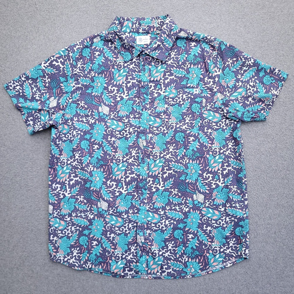 Hurley Button Up Shirt Mens Large Hawaiian Skulls Tropical Sea Shells Blue AOP